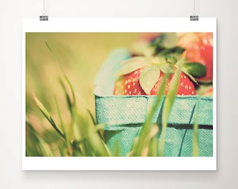 red strawberry photograph, food photography, kitchen wall art, english garden print, strawberry print, large wall art