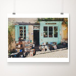 French bookstore photograph, France photograph, French decor, bookstore print, mint green decor, Cordes-Sur-Ciel print, bookish decor