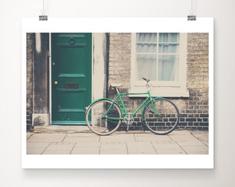 green bicycle photograph, Cambridge print, green door print, travel photography, wanderlust art