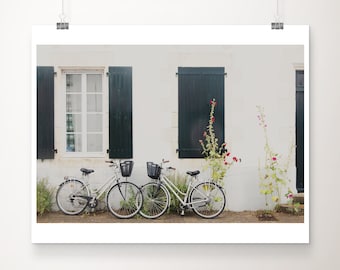 Ile de Re photograph, bicycle print, France print, bike photograph, French decor, French shutters photograph, red hollyhocks print