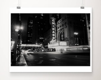 black and white downtown Chicago photograph, Chicago theatre print, Chicago architecture, Chicago print, midwest decor, Illinois photograph