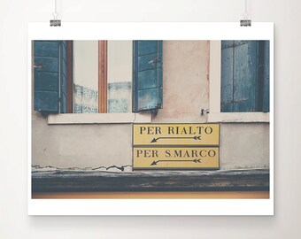 Venice photograph, blue shutters print, Italian decor, large wall art, Venice sign print, travel photography, Europe print