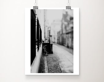 black and white bicycle photograph, Cambridge print, bike photograph, travel photography, architecture print, vertical bicycle print