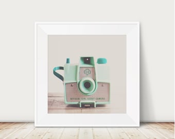 Mint Green Vintage Camera Photograph: Girl Scout Americana Decor