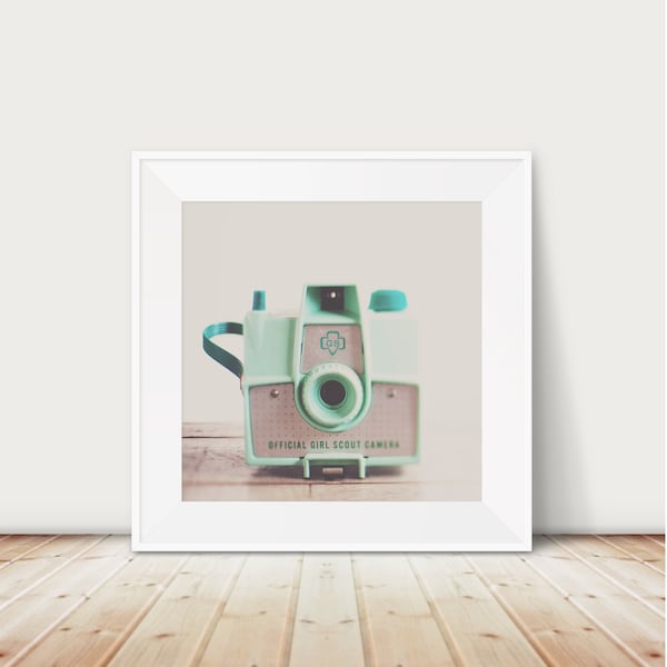 vintage camera photograph, mint camera print, Girl Scout camera art, Girl Scout decor, nursery wall art, americana decor, mint decor