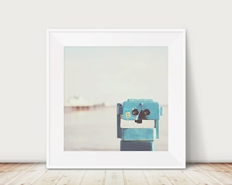 SALE square beach photograph, blue viewfinder print, discounted ocean wall art, Southwold pier photograph