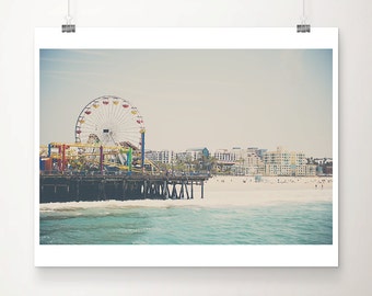 Fotografía del muelle de Santa Mónica, noria, impresión de playa de California