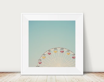 ferris wheel print, Carnival photograph, nursery decor, California art, large square art, mint decor