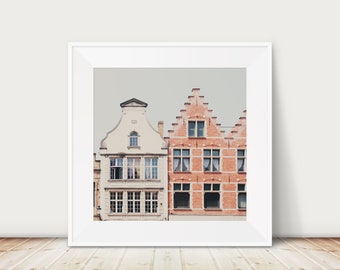 Bruges photograph, Bruges rooftops print, Belgium architecture photograph, travel photography, wanderlust art, red decor, square wall art