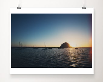 Morro Bay sunset photograph, Pacific Ocean print, California wall art, Morro Rock print, boat photograph, blue decor, west coast decor