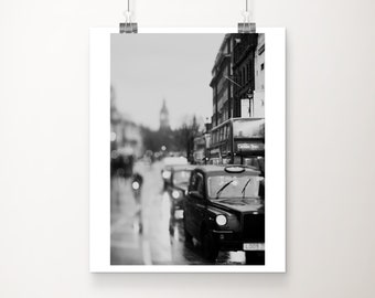 black and white London photograph, vertical London decor, London taxi cab print, Black Cab photograph, Westminster print