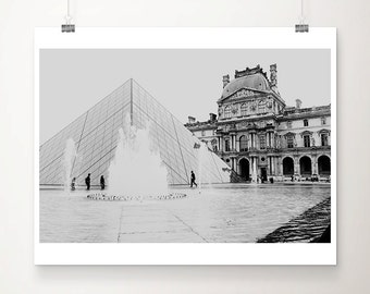 black and white Louvre photograph, large Paris wall art, Paris in the rain print, Paris architecture print, Paris decor