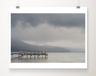 Lake Tahoe storm photograph, California mountains print, Lake Tahoe pier print, travel photography, grey decor, adventure print