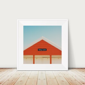 beach hut print, beach photograph, beach house decor, orange decor, seaside print, English decor, square beach print, hang loose print