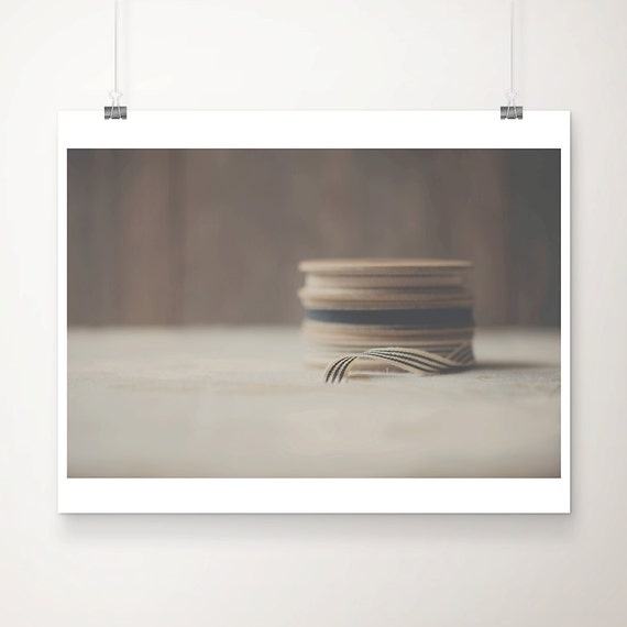 ribbon photograph, neutral home decor, sewing room wall art, rustic print