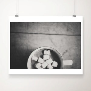 black and white food photography, hot chocolate print, marshmallow print, kitchen wall art, farmhouse decor, rustic kitchen decor image 1