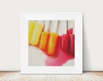 melted popsicles photograph, kitchen wall art, food photography, ice pop print, nursery wall art, pop art, red decor, orange print