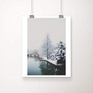 Cambridge winter photograph, River Cam bridge print, snow covered tree wall art, English decor