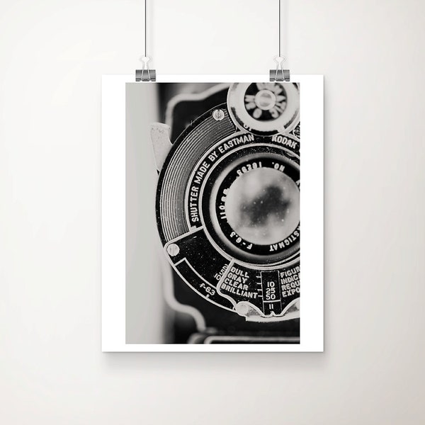black and white vintage camera photograph, kodak print, large wall art, vertical print