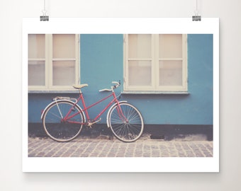 red bicycle photograph, Copenhagen print, travel photography, blue decor, Denmark photograph, red bike print, Scandinavian decor