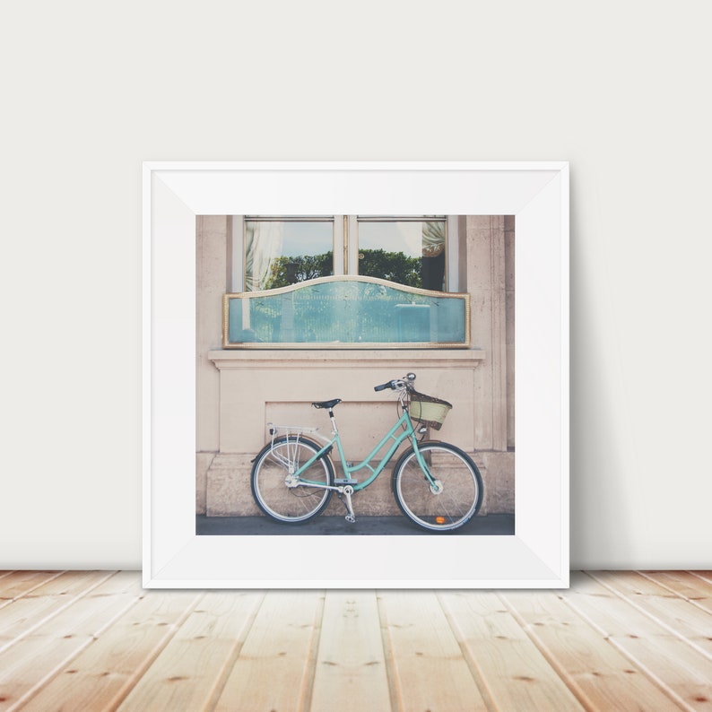 Paris mint green bicycle photograph, Paris decor, Paris travel print, large wall art image 1