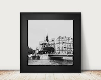 black and white Paris photograph, Notre Dame print, Paris decor, Paris architecture print, wanderlust art