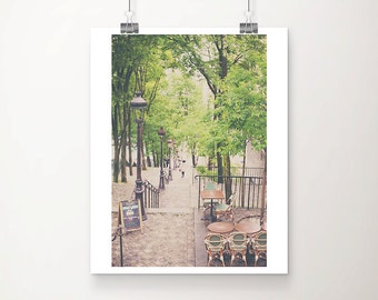 Paris cafe photograph, Montmartre steps print, springtime in Paris art, travel photography, large wall art