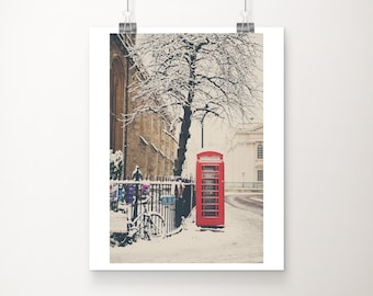 red telephone box photograph, Cambridge in snow print, bicycle wall art, English winter art