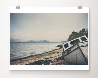 white boat photograph, Scottish loch print, nautical decor, wilderness art, adventure print, Scotland photograph