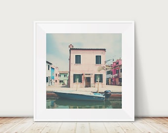 Venice photograph, Burano print, European travel art, pink house photograph, blue boat print, Italian decor
