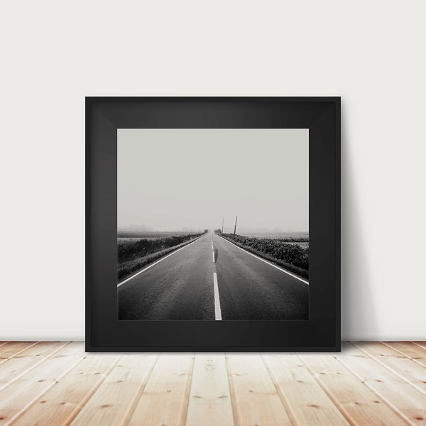 black and white road photograph, dark art, English morning fog print, minimalist decor