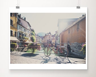 Annecy photograph, red bicycle print, France print, Annecy old town print, red bike photograph, wanderlust art, French decor