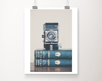 Impresión de cámara Kodak vintage: Libros de Mark Twain, decoración de oficina retro