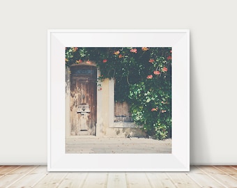 door photograph, french decor, travel photography, french architecture print, France photograph, pastel yellow decor, red flower photograph