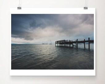 Lake Tahoe print, boat print, wilderness art, California sunrise print, storm clouds print, Lake dock photograph