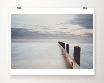 peaceful beach photograph, ocean print, Norfolk sea defenses print, ocean sunset photograph, large wall art