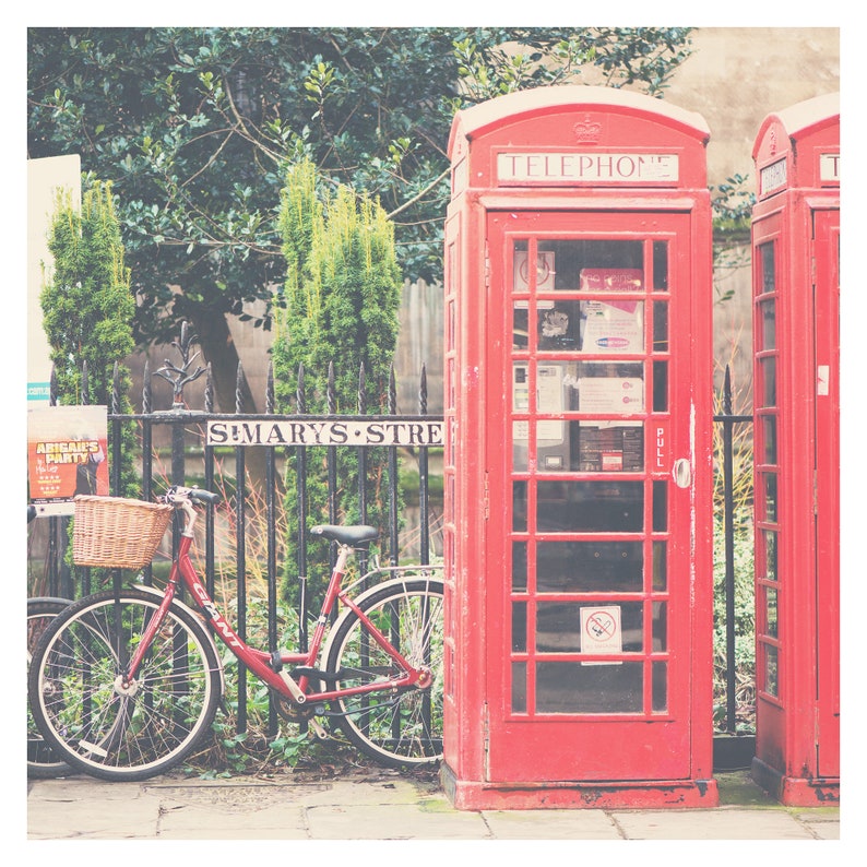 red telephone box photograph, red bicycle photograph, Cambridge print, English decor, England photograph image 2