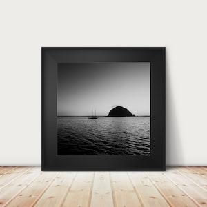 black and white Morro rock print, Morro Bay photograph, Pacific Ocean print, sail boat photograph, California decor, Morro Bay sunset print
