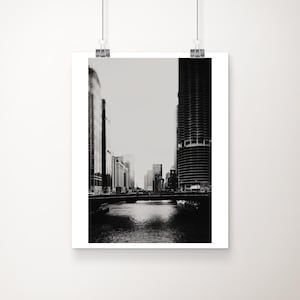 Black and white downtown Chicago photograph, Chicago river print, Midwest decor, urban decor, State Street print, Chicago travel print