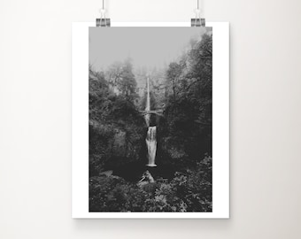 SALE Multnomah Falls photograph, 10x8 Oregon print, black and white waterfalls print, Pacific Northwest decor, mountains print
