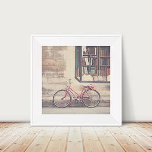 red bicycle photograph, Cambridge photograph, book shop print, vintage bicycle print, street photography, travel photography