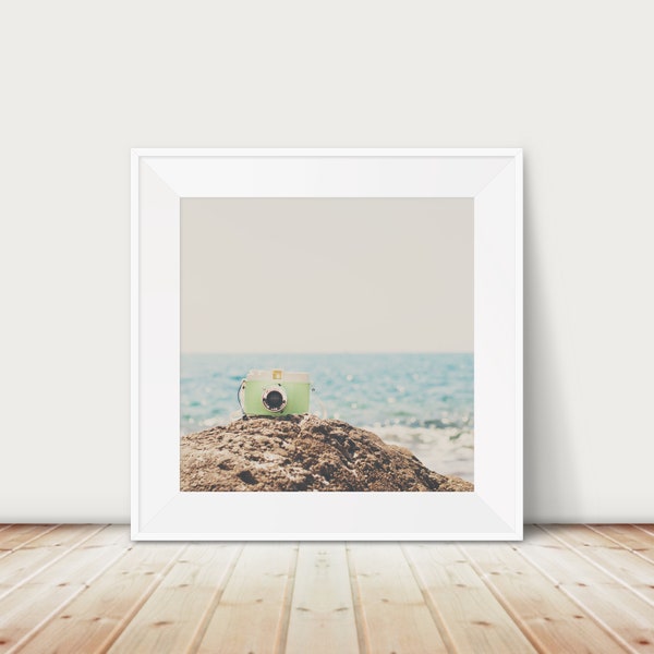 retro camera photograph, beach print, ocean photograph, travel photograph, large wall art, mint camera print