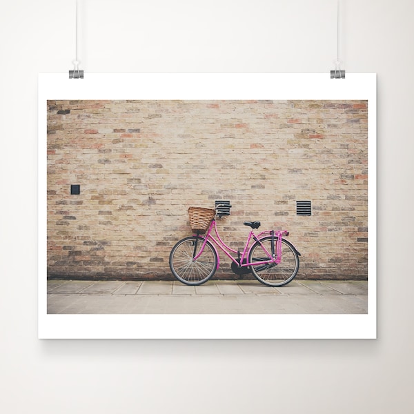 pink bicycle photograph, pink bike print, Cambridge photograph, English decor, travel photography