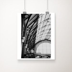 black and white London photography, Kings Cross station print, London travel wall art, architecture print, Train Station photograph