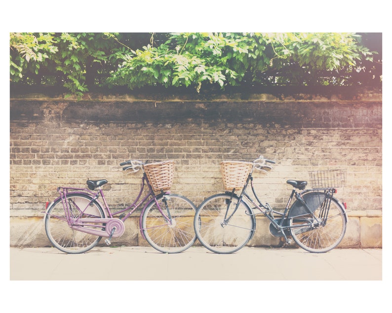 Op de afbeelding: Twee vintage fietsen met rieten manden staan tegen een bakstenen muur. E&eacute;n fiets is paars, de andere zwart. Groen gebladerte bedekt de muur en cre&euml;ert een klassieke, nostalgische sc&egrave;ne.