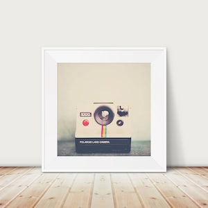 May include: A white Polaroid Land Camera with a rainbow stripe across the front. The camera is in a white frame against a white wall.