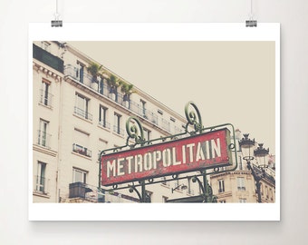 Paris photography, Paris metro sign print, spring in Paris art, Paris in the rain print, red decor, Paris architecture print