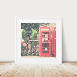 red telephone box photograph, red bicycle photograph, Cambridge print, English decor, England photograph image 1