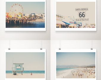 aerial beach photograph, Santa Monica print, Pacific Ocean photograph, ferris wheel print, discounted print set, gallery wall art