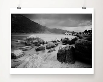 Black and white Sand Harbor print, Lake Tahoe photograph, California print, wilderness art, large wall art